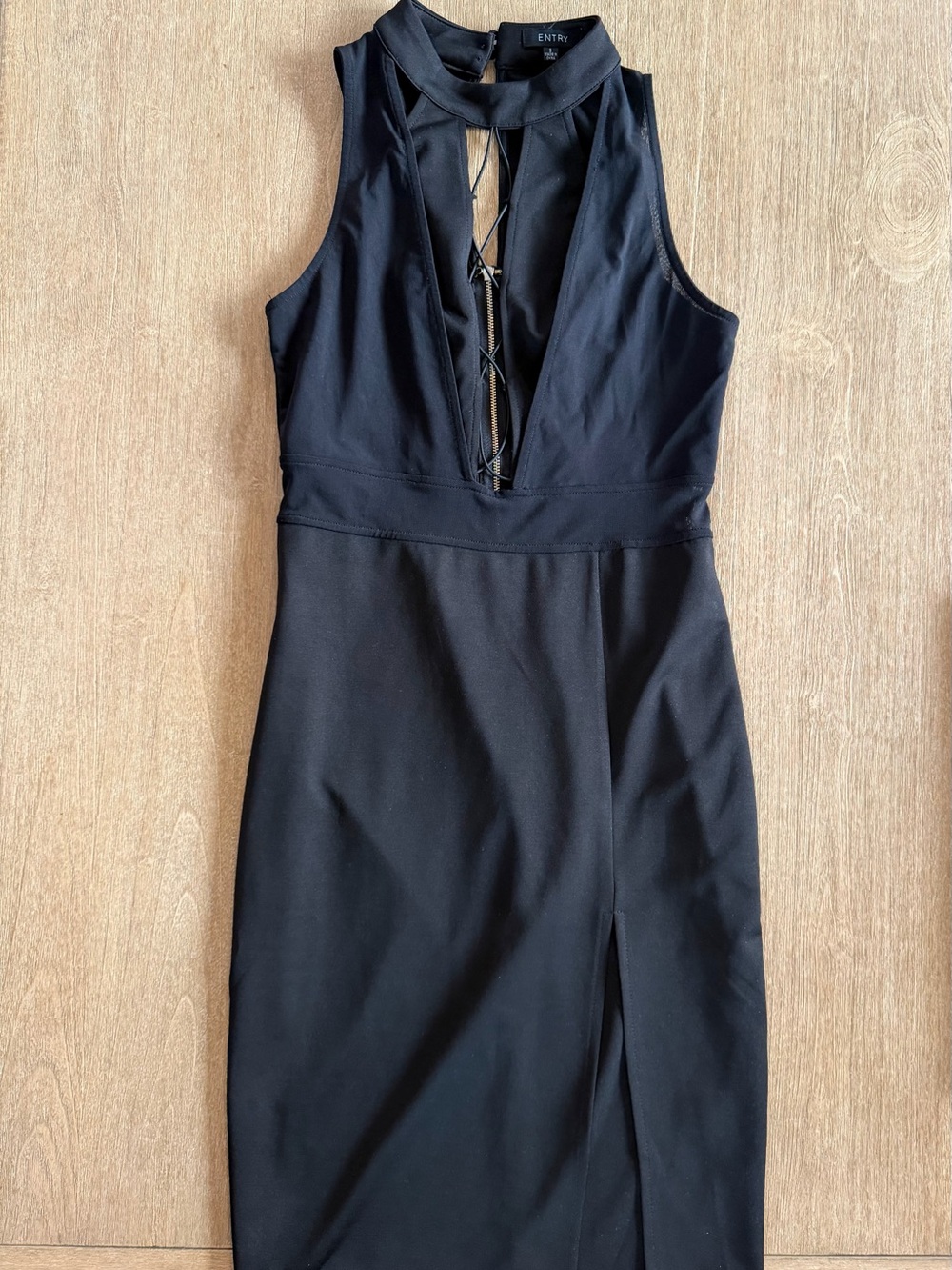 ENTRY Black Bodycon Dress Mesh Cutout Lace-Up Back Sleeveless Size Small